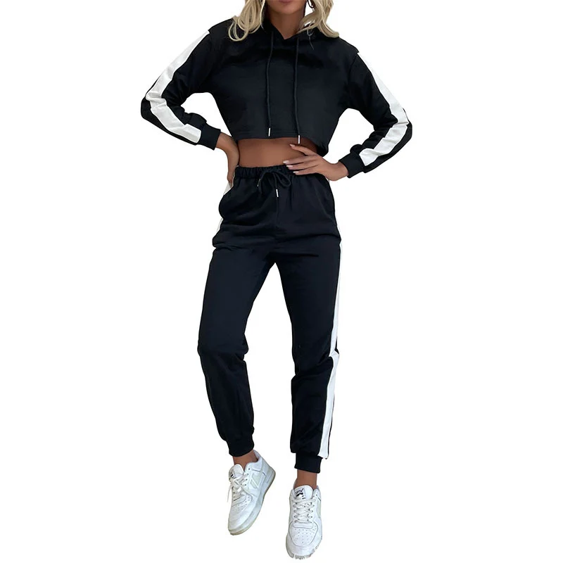 Damen Cropped-Kapuzenpullover und High-Waist-Jogginghose Set mit sportlichen Seitenstreifen Nord Taschen