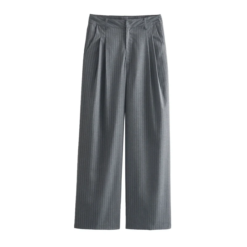 Damen Zweiteiliges Nadelstreifen-Anzug-Set mit kurzem Stehkragen-Blazer und weiten Bundfaltenhose Nord Taschen