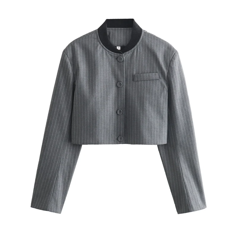 Damen Zweiteiliges Nadelstreifen-Anzug-Set mit kurzem Stehkragen-Blazer und weiten Bundfaltenhose Nord Taschen