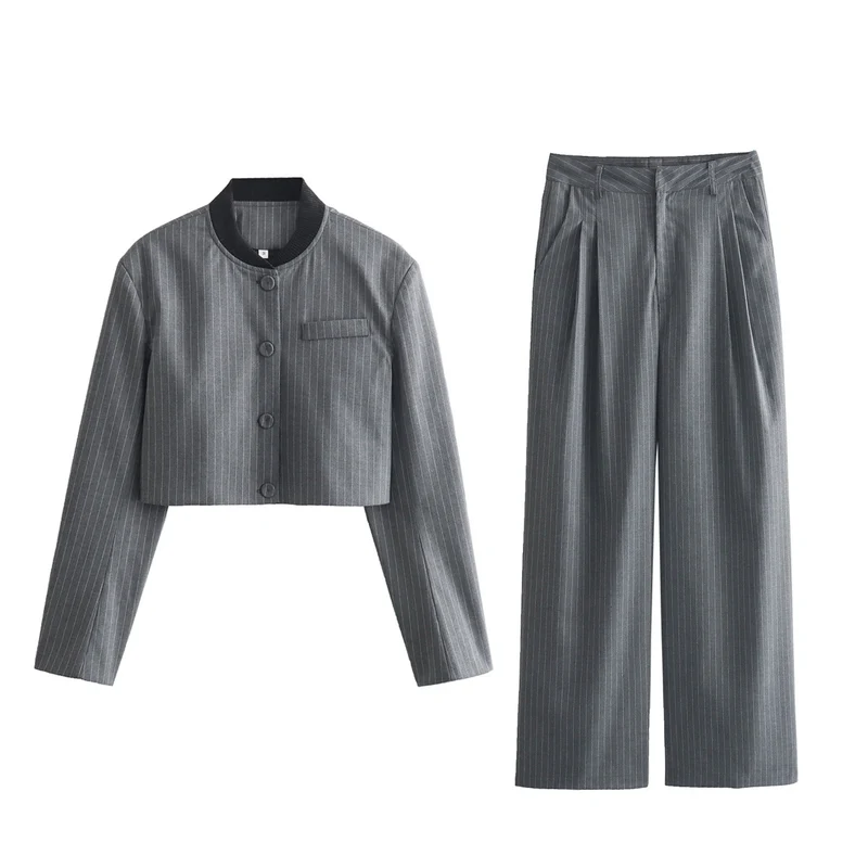 Damen Zweiteiliges Nadelstreifen-Anzug-Set mit kurzem Stehkragen-Blazer und weiten Bundfaltenhose Nord Taschen