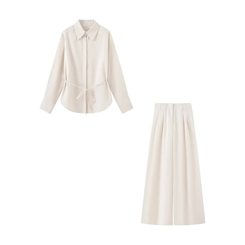 Damen Zweiteiliges Ensemble aus taillierter Hemdbluse mit Bindeband und hochtaillierter Palazzohose Nord Taschen