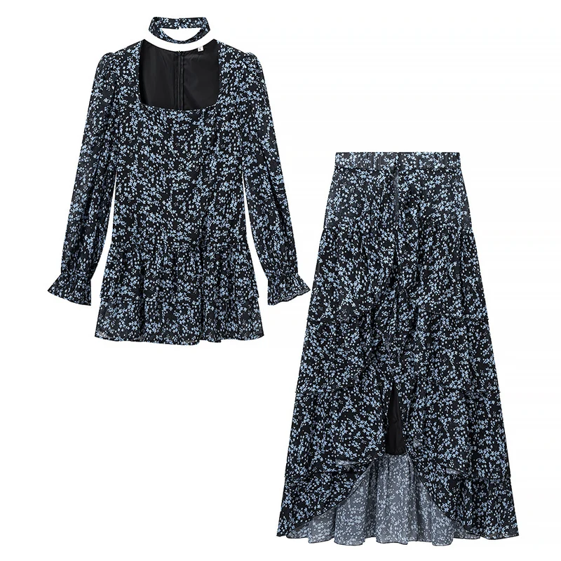 Damen Zweiteiliges Chiffon-Set – taillierte Volantbluse mit quadratischem Ausschnitt, Choker und gestuftem Wickel‑Maxirock Nord Taschen
