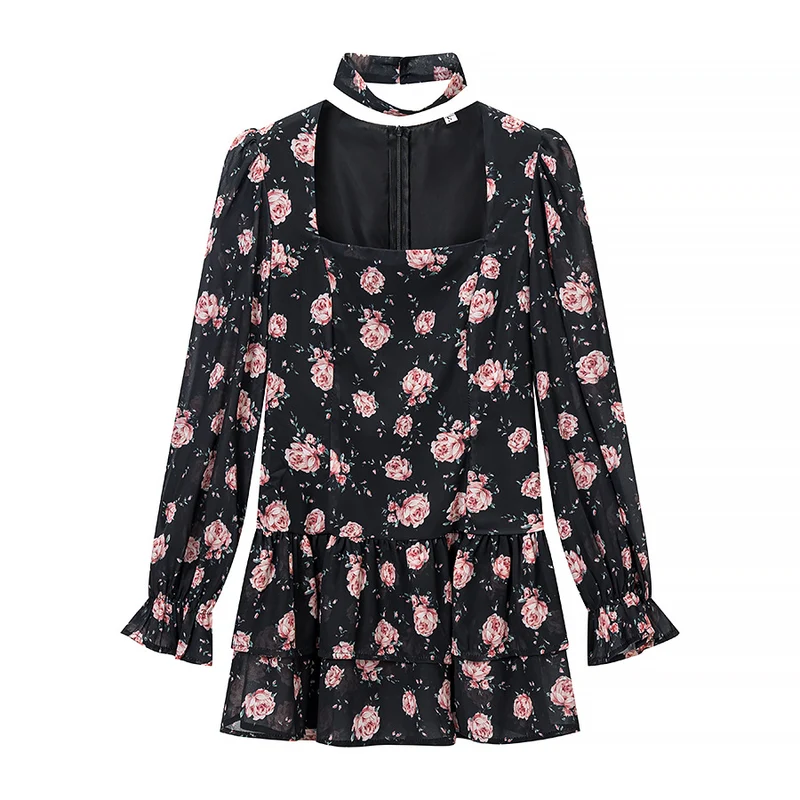 Damen Zweiteiliges Chiffon-Set – taillierte Volantbluse mit quadratischem Ausschnitt, Choker und gestuftem Wickel‑Maxirock Nord Taschen