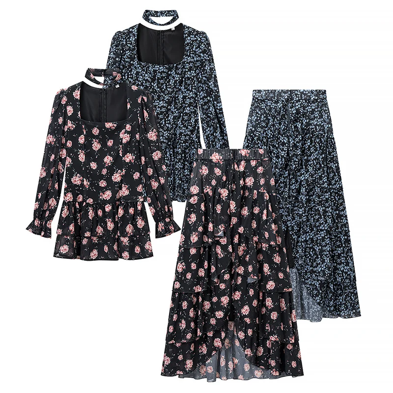 Damen Zweiteiliges Chiffon-Set – taillierte Volantbluse mit quadratischem Ausschnitt, Choker und gestuftem Wickel‑Maxirock Nord Taschen