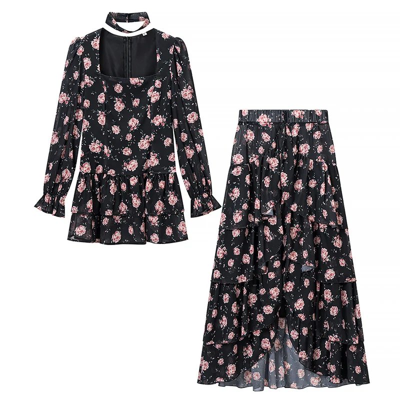 Damen Zweiteiliges Chiffon-Set – taillierte Volantbluse mit quadratischem Ausschnitt, Choker und gestuftem Wickel‑Maxirock Nord Taschen