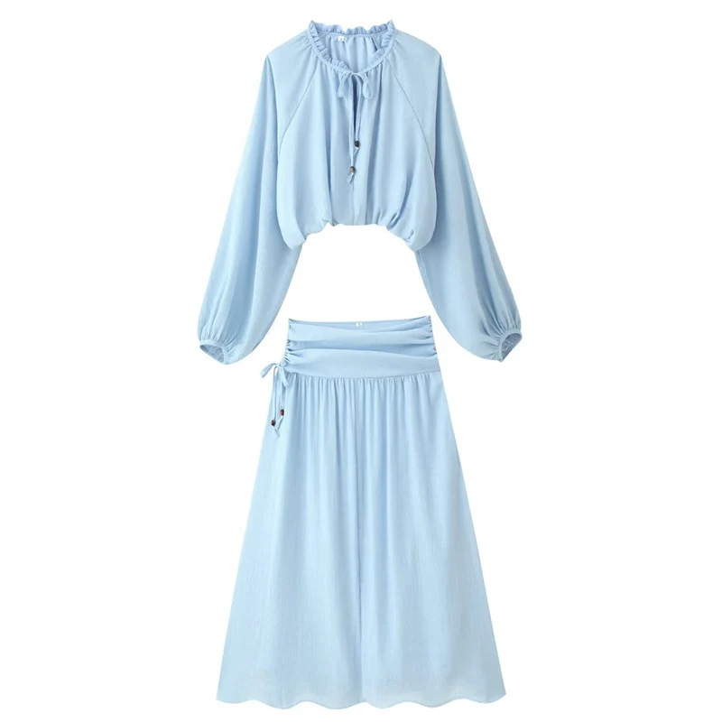 Damen Zweiteiliges Boho-Set mit verkürzter Rüschenbluse, Ballonärmeln und hochtailliertem Maxirock Nord Taschen