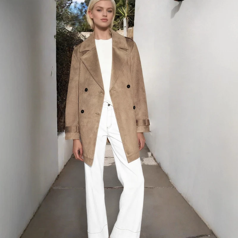Damen Doppelreihiger Wildlederoptik-Trenchcoat mit Taillengürtel Nord Taschen