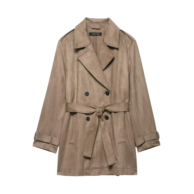 Damen Doppelreihiger Wildlederoptik-Trenchcoat mit Taillengürtel Nord Taschen