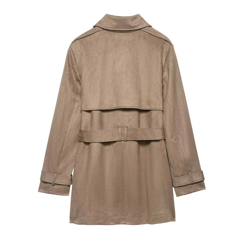 Damen Doppelreihiger Wildlederoptik-Trenchcoat mit Taillengürtel Nord Taschen