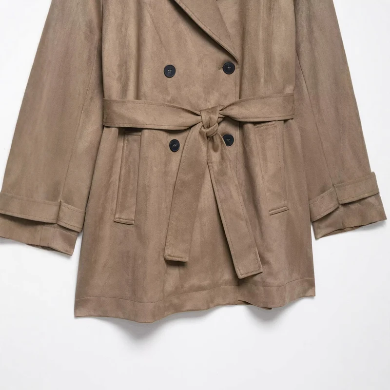 Damen Doppelreihiger Wildlederoptik-Trenchcoat mit Taillengürtel Nord Taschen