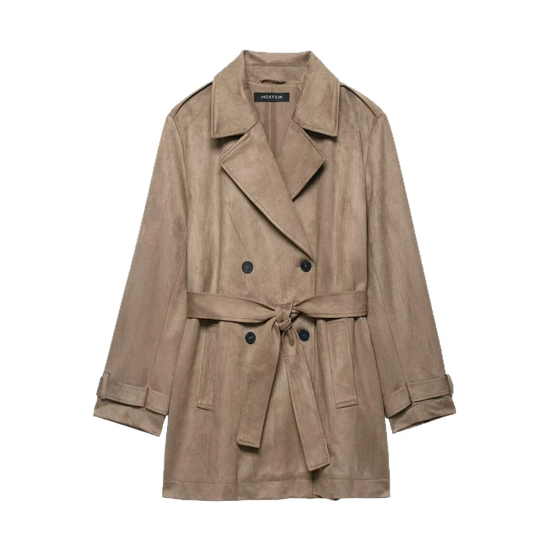 Damen Doppelreihiger Wildlederoptik-Trenchcoat mit Taillengürtel Nord Taschen