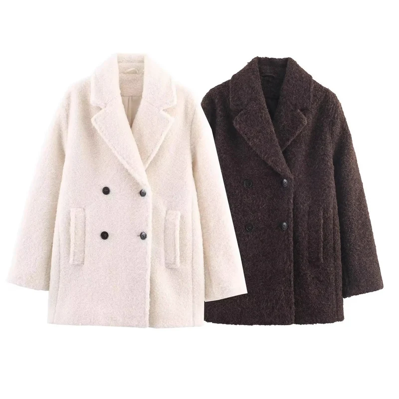 Damen Doppelreihiger Teddy-Mantel mit Schalkragen und aufgesetzten Taschen Nord Taschen