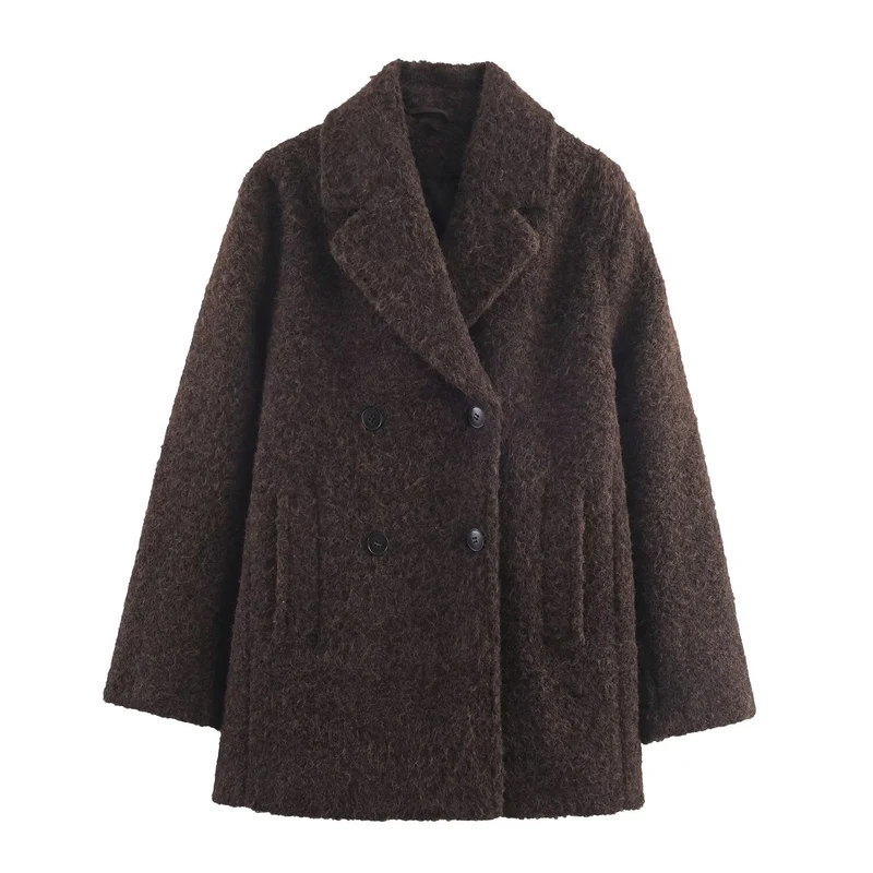 Damen Doppelreihiger Teddy-Mantel mit Schalkragen und aufgesetzten Taschen Nord Taschen