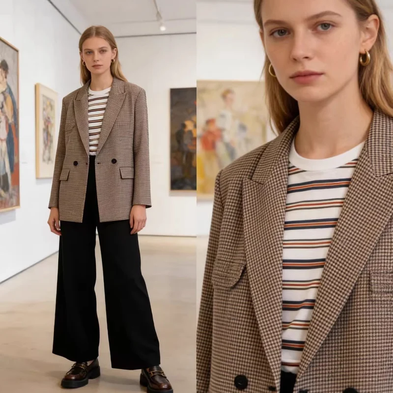 Damen Doppelreihiger Oversize-Blazer mit Hahnentritt-Check und Pattentaschen Nord Taschen