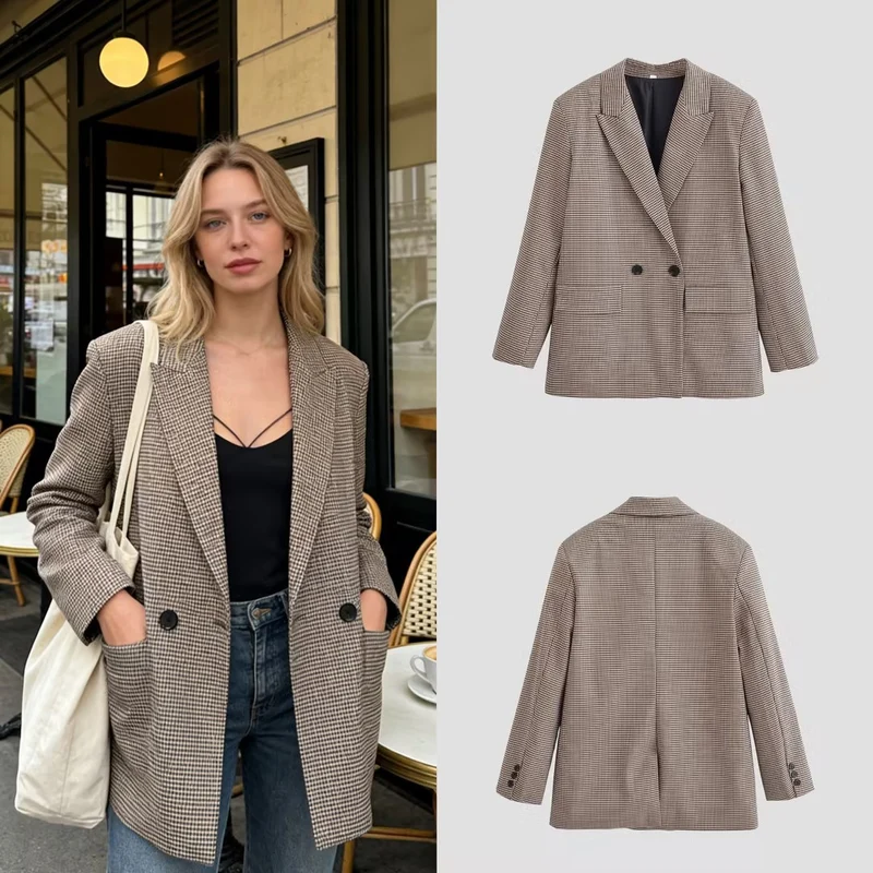 Damen Doppelreihiger Oversize-Blazer mit Hahnentritt-Check und Pattentaschen Nord Taschen