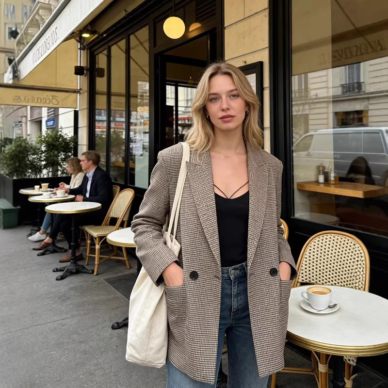 Damen Doppelreihiger Oversize-Blazer mit Hahnentritt-Check und Pattentaschen Nord Taschen