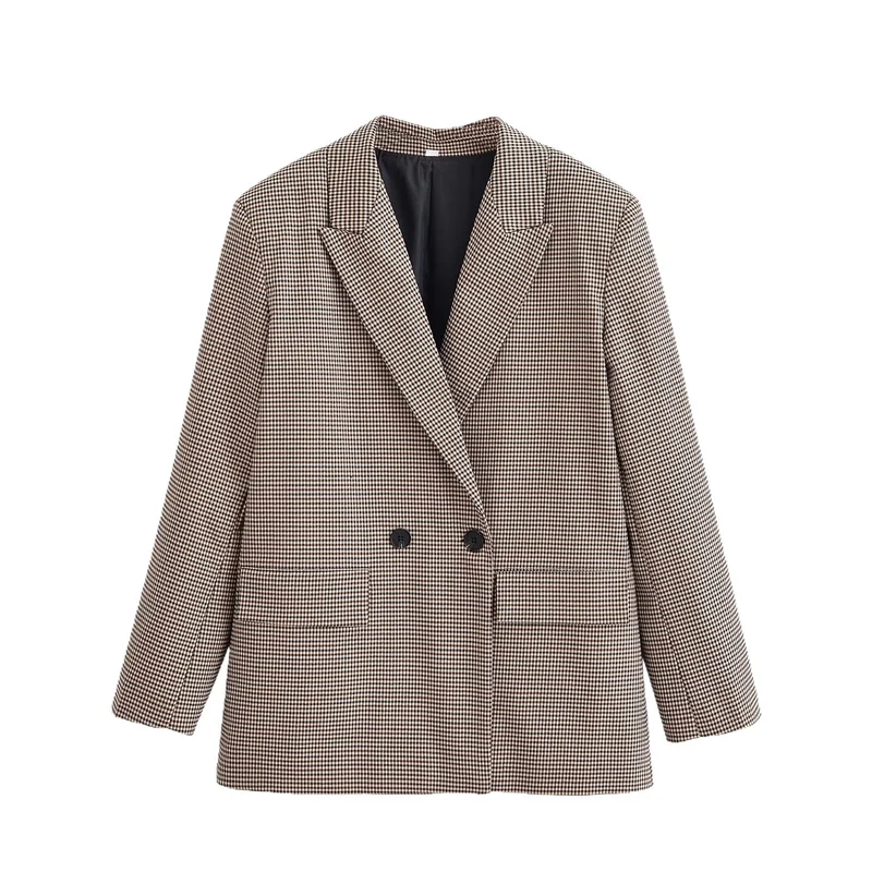Damen Doppelreihiger Oversize-Blazer mit Hahnentritt-Check und Pattentaschen Nord Taschen