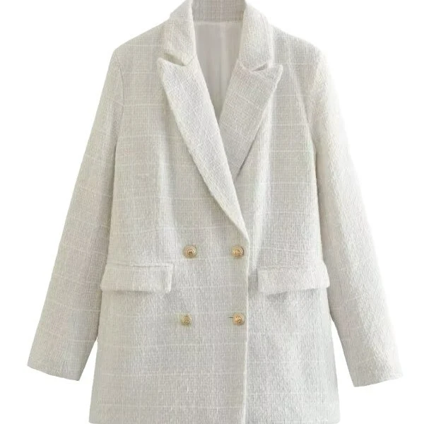 Damen Doppelreihiger Bouclé‑Tweed‑Blazer mit Schalkragen und Pattentaschen Nord Taschen