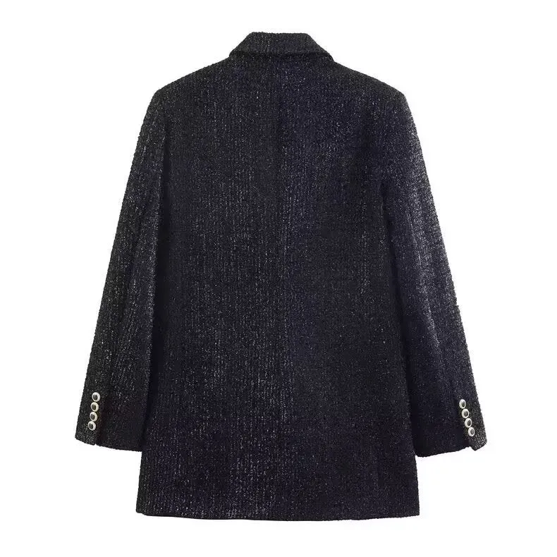 Damen Doppelreihiger Bouclé-Mantelblazer mit Reverskragen und dekorativen Metallösen Nord Taschen