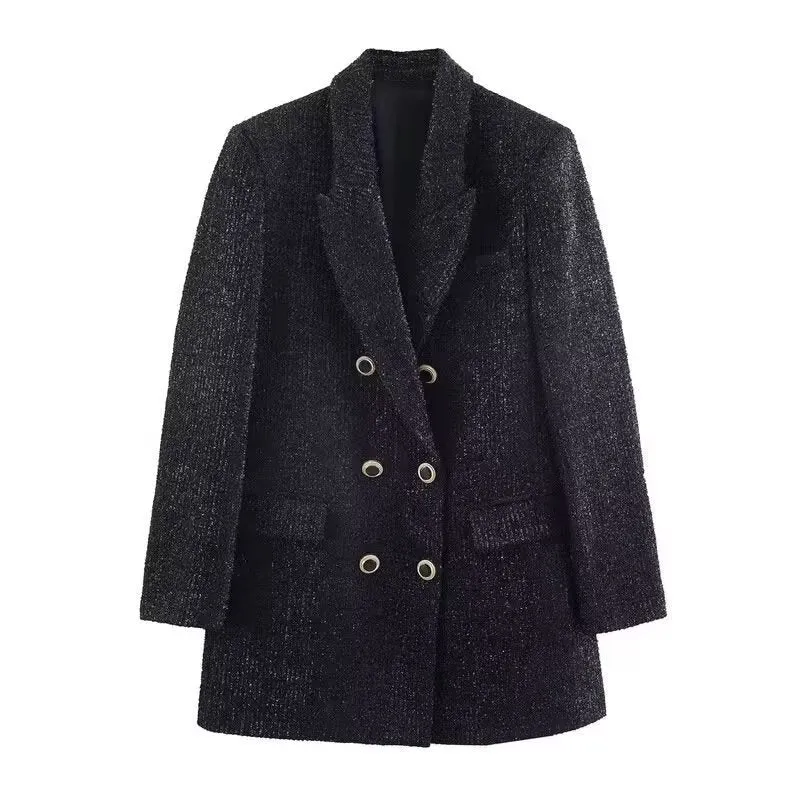 Damen Doppelreihiger Bouclé-Mantelblazer mit Reverskragen und dekorativen Metallösen Nord Taschen