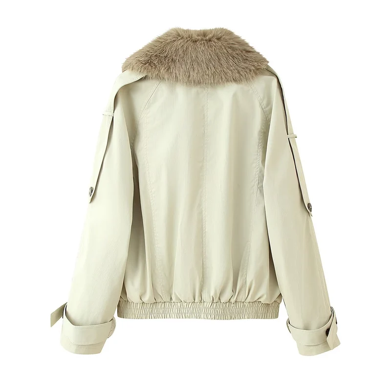 Damen Doppelreiher-Blouson mit abnehmbarem Kunstpelzkragen, Taillenzug und verstellbaren Manschetten Nord Taschen