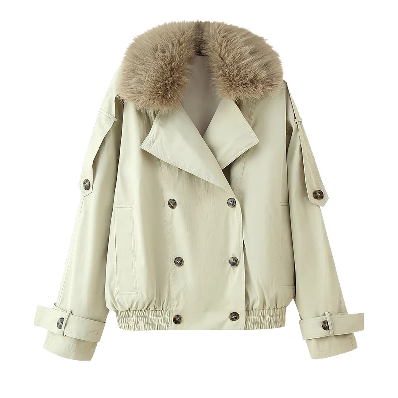 Damen Doppelreiher-Blouson mit abnehmbarem Kunstpelzkragen, Taillenzug und verstellbaren Manschetten Nord Taschen