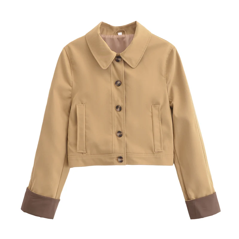Damen Cropped Utility-Jacke mit Hemdkragen, kontrastierten Umschlagmanschetten und durchgehender Knopfleiste Nord Taschen