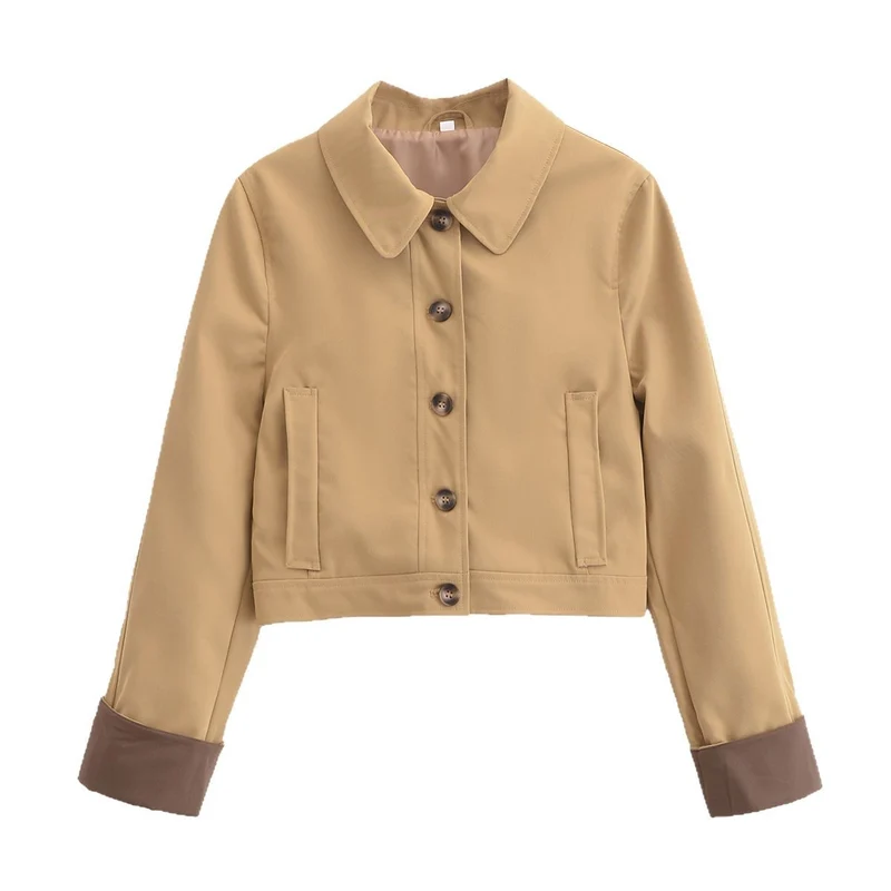 Damen Cropped Utility-Jacke mit Hemdkragen, kontrastierten Umschlagmanschetten und durchgehender Knopfleiste Nord Taschen