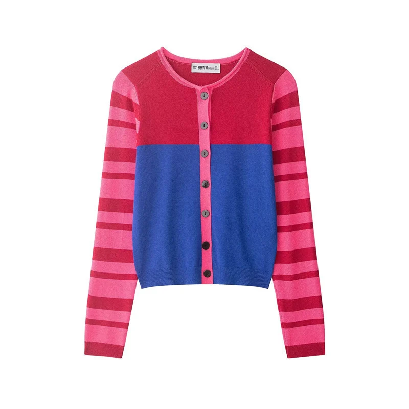 Damen Cropped Strickjacke mit Farbblock-Design und gestreiften Ärmeln Nord Taschen