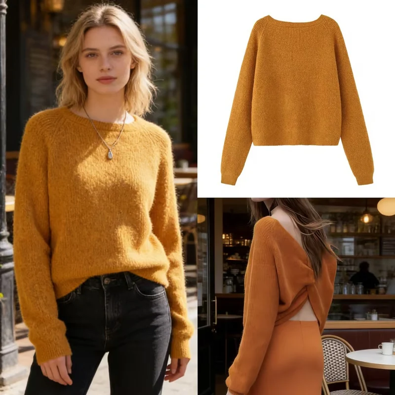 Damen Grobgestrickter Pullover mit U-Boot-Ausschnitt und Cropped-Schnitt Nord Taschen
