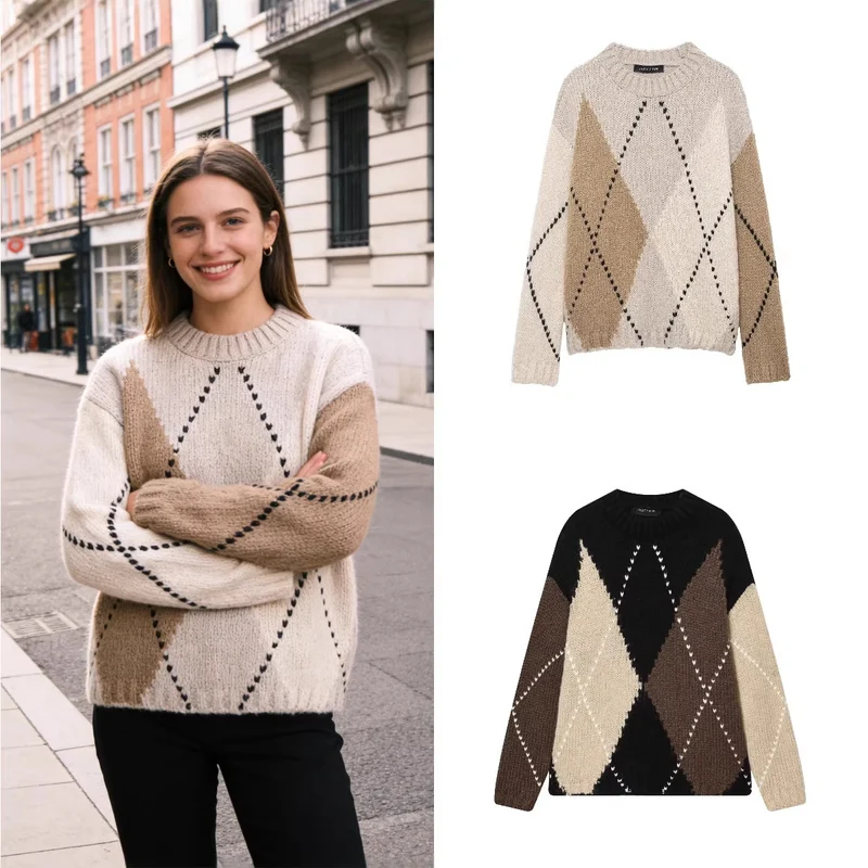 Damen Grobgestrickter Argyle-Pullover mit Oversize-Schnitt und Rippkragen Nord Taschen