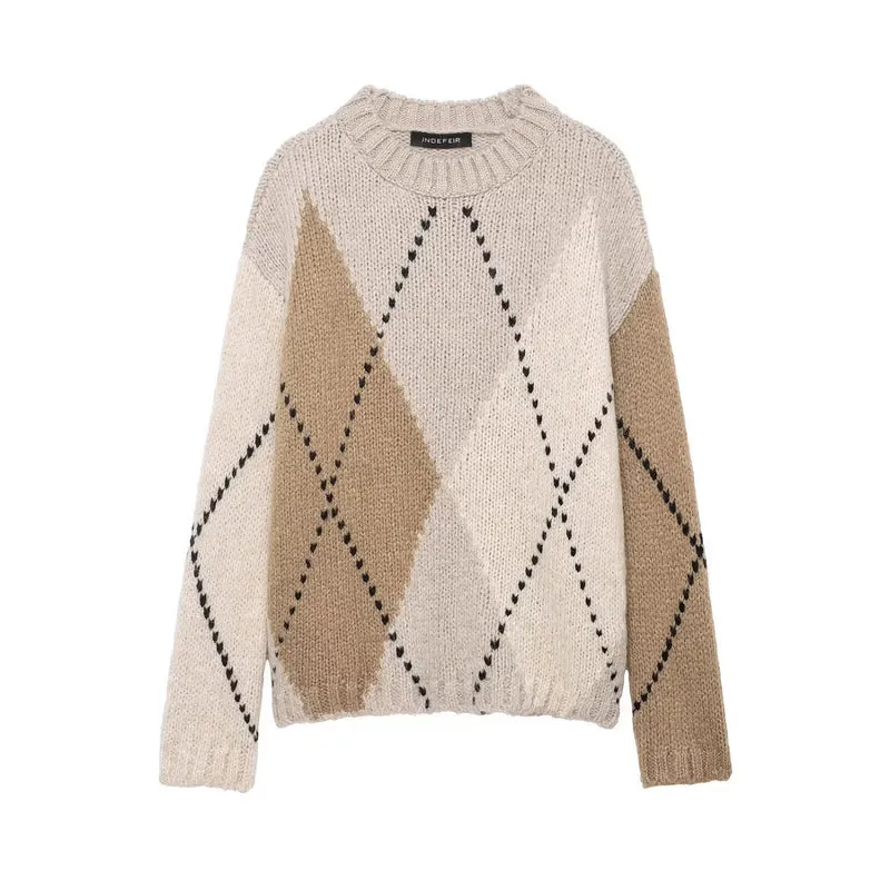 Damen Grobgestrickter Argyle-Pullover mit Oversize-Schnitt und Rippkragen Nord Taschen