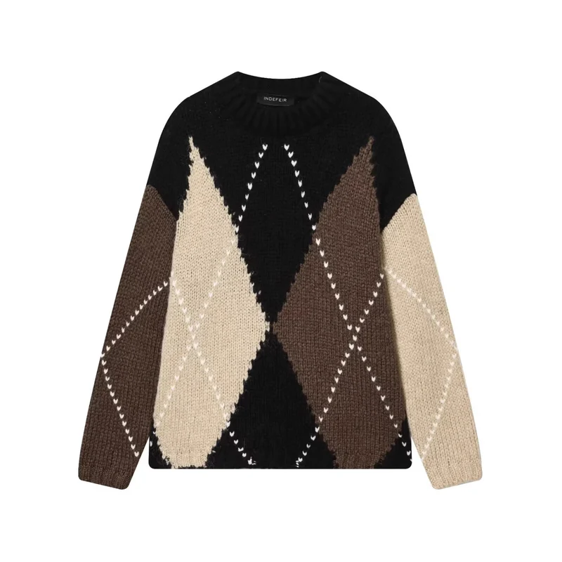 Damen Grobgestrickter Argyle-Pullover mit Oversize-Schnitt und Rippkragen Nord Taschen