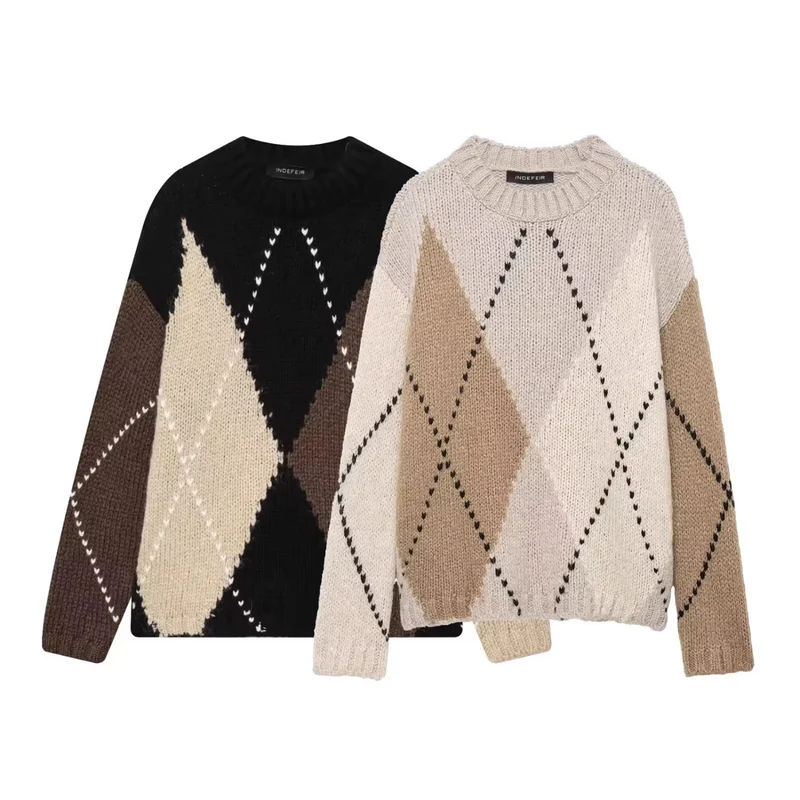 Damen Grobgestrickter Argyle-Pullover mit Oversize-Schnitt und Rippkragen Nord Taschen