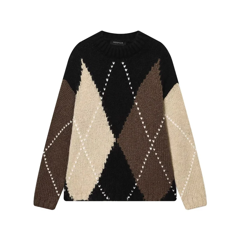 Damen Grobgestrickter Argyle-Pullover mit Oversize-Schnitt und Rippkragen Nord Taschen