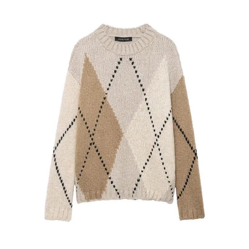 Damen Grobgestrickter Argyle-Pullover mit Oversize-Schnitt und Rippkragen Nord Taschen