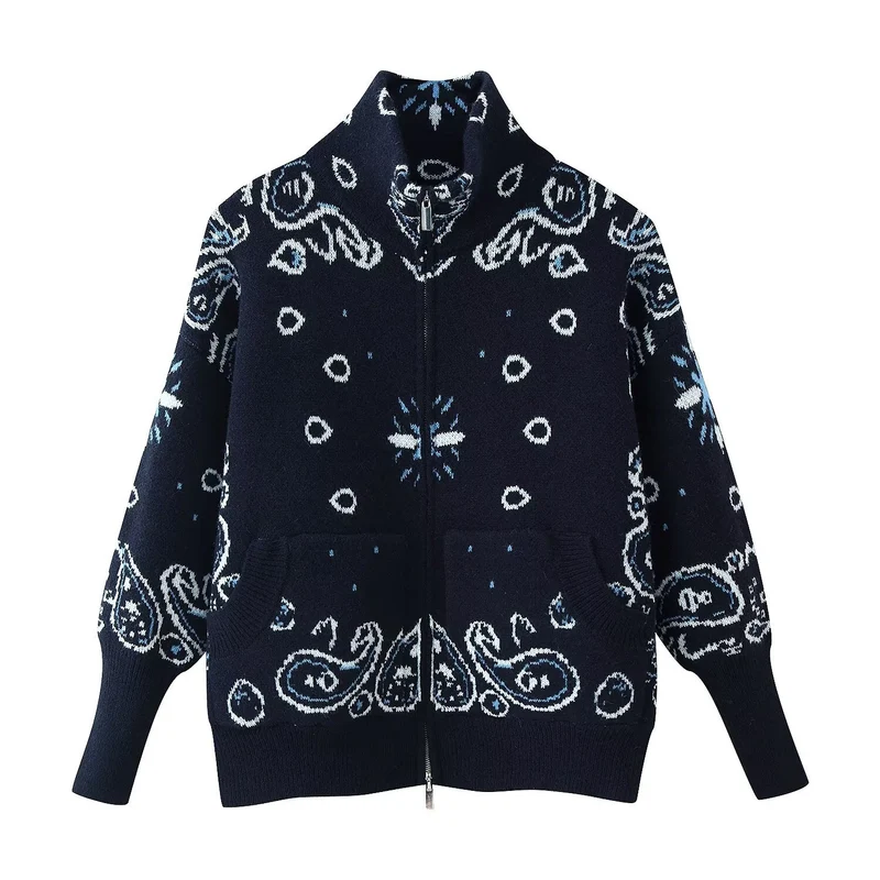 Damen Grobgestrickte Zip-Strickjacke mit Stehkragen und Paisley‑Jacquard Nord Taschen