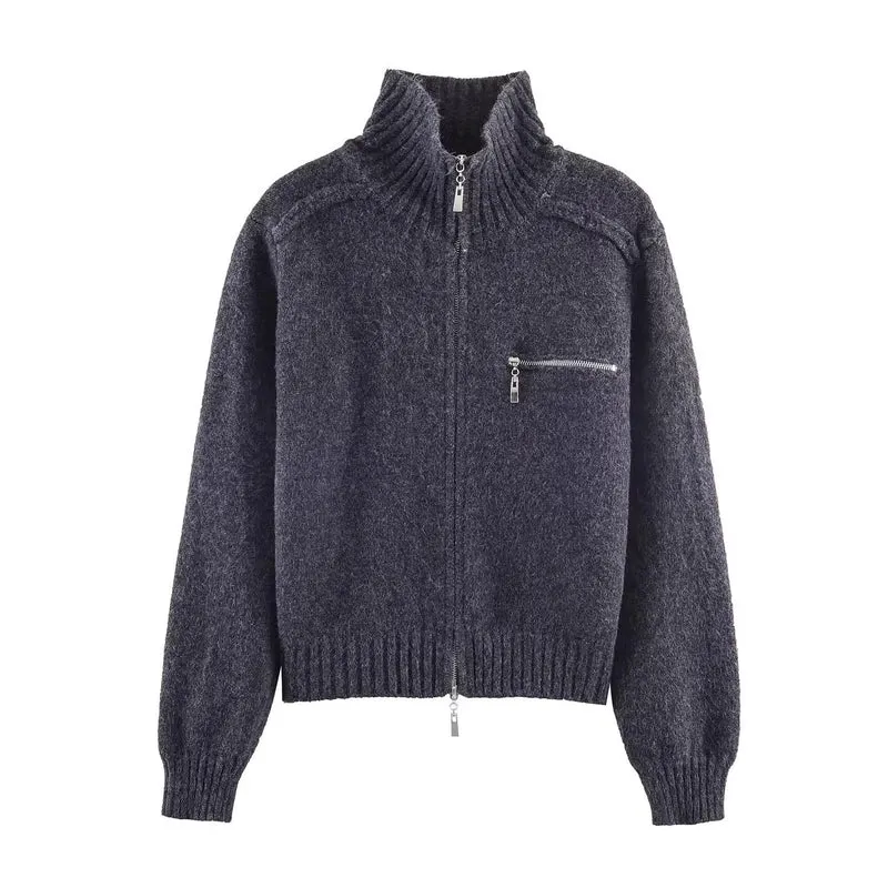 Damen Grobgestrickte Reißverschluss‑Strickjacke mit hohem Rippkragen und Brusttasche Nord Taschen