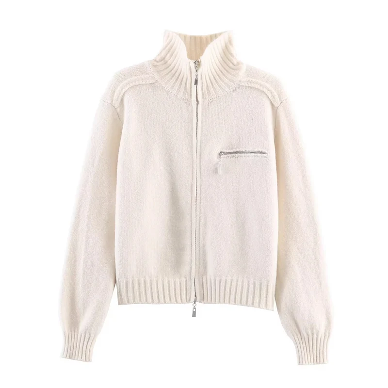 Damen Grobgestrickte Reißverschluss‑Strickjacke mit hohem Rippkragen und Brusttasche Nord Taschen