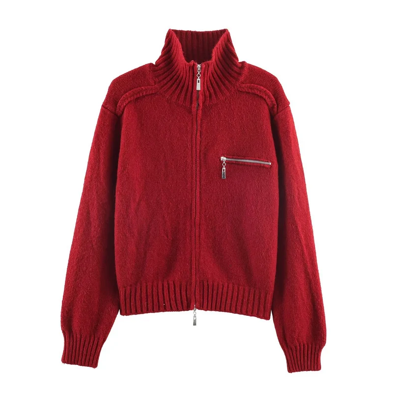 Damen Grobgestrickte Reißverschluss‑Strickjacke mit hohem Rippkragen und Brusttasche Nord Taschen