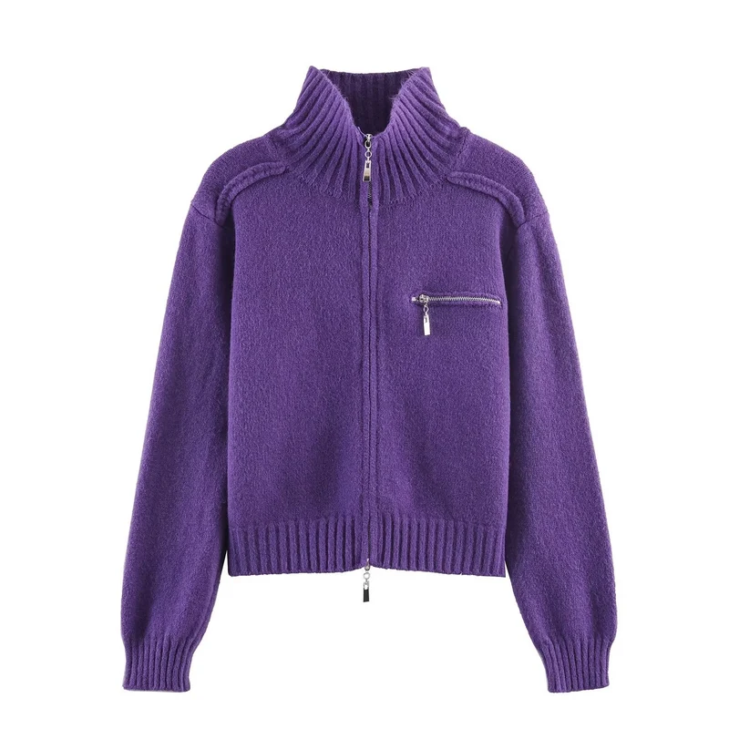 Damen Grobgestrickte Reißverschluss‑Strickjacke mit hohem Rippkragen und Brusttasche Nord Taschen