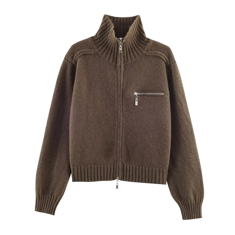 Damen Grobgestrickte Reißverschluss‑Strickjacke mit hohem Rippkragen und Brusttasche Nord Taschen