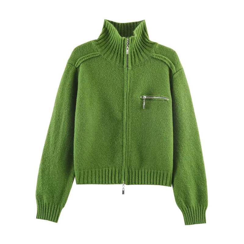 Damen Grobgestrickte Reißverschluss‑Strickjacke mit hohem Rippkragen und Brusttasche Nord Taschen