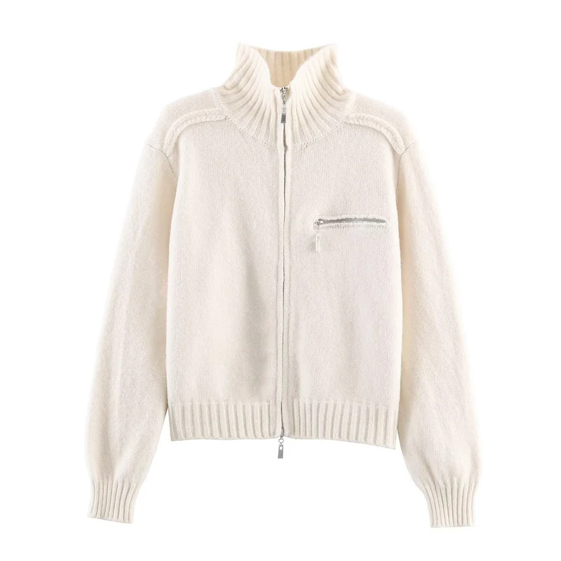 Damen Grobgestrickte Reißverschluss‑Strickjacke mit hohem Rippkragen und Brusttasche Nord Taschen