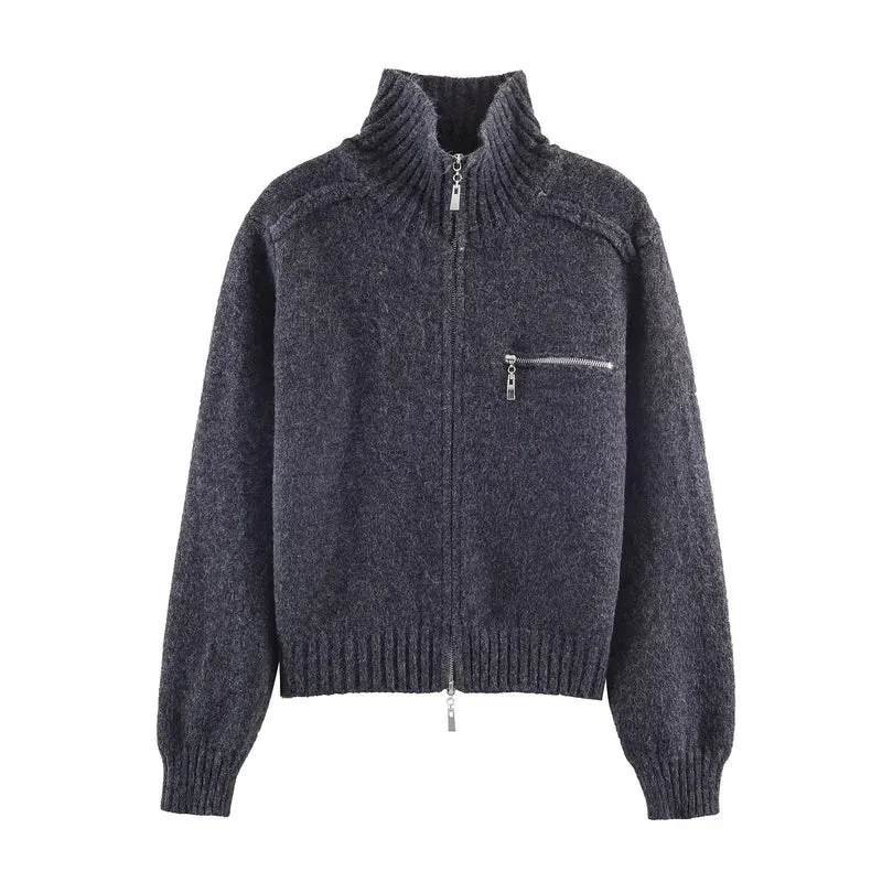 Damen Grobgestrickte Reißverschluss‑Strickjacke mit hohem Rippkragen und Brusttasche Nord Taschen