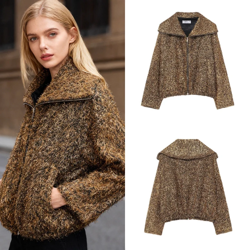Damen Glitzernde Bouclé-Zipjacke mit weitem Kragen und cropped Boxy‑Schnitt Nord Taschen