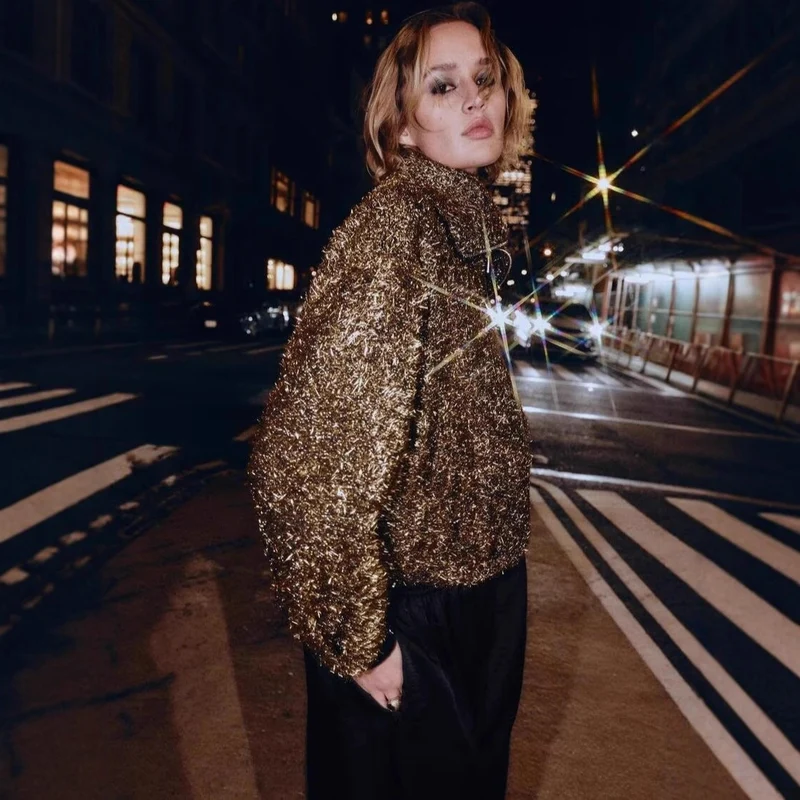 Damen Glitzernde Bouclé-Zipjacke mit weitem Kragen und cropped Boxy‑Schnitt Nord Taschen