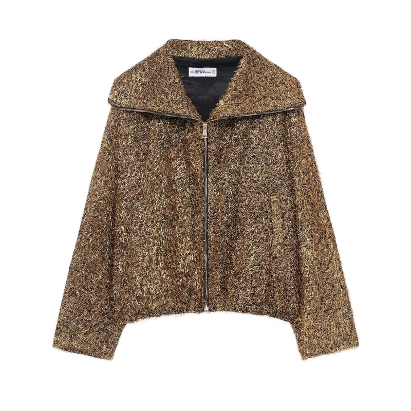 Damen Glitzernde Bouclé-Zipjacke mit weitem Kragen und cropped Boxy‑Schnitt Nord Taschen