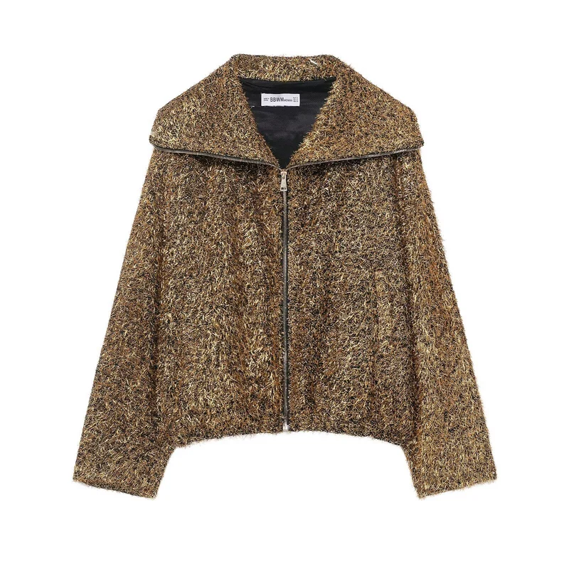 Damen Glitzernde Bouclé-Zipjacke mit weitem Kragen und cropped Boxy‑Schnitt Nord Taschen