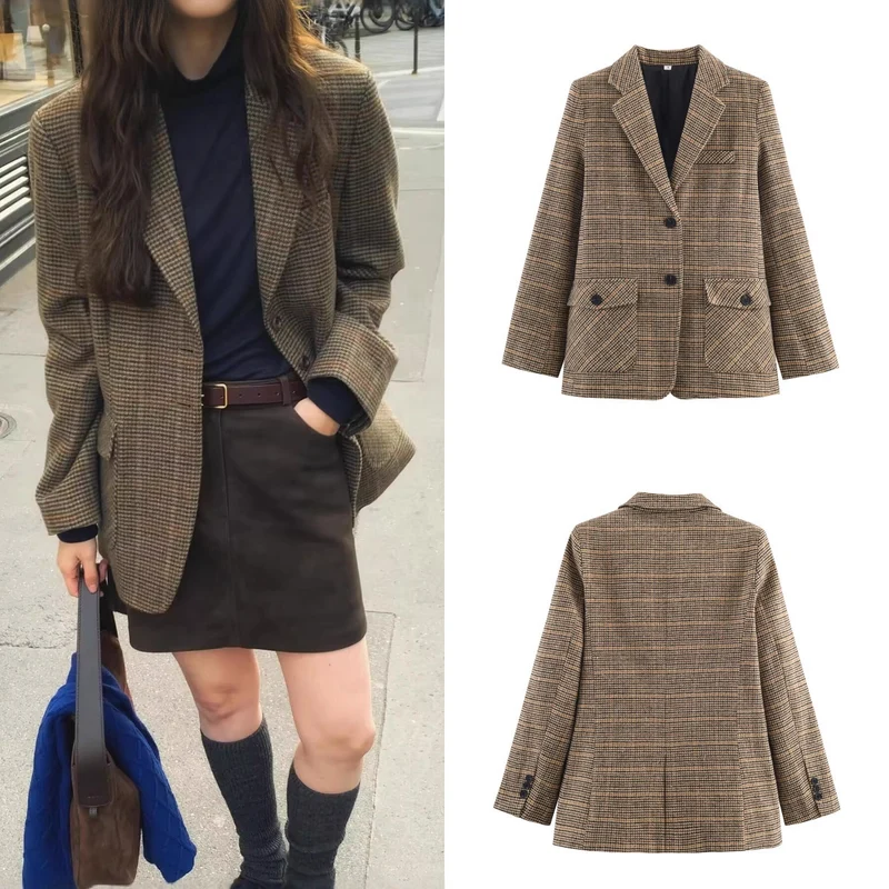 Damen Glencheck-Blazer mit Reverskragen, Pattentaschen und taillierter Silhouette Nord Taschen